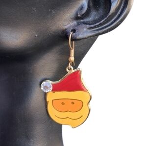 Vintage Enamel Santa Claus Face Dangle Drop Earrings Christmas Holiday
